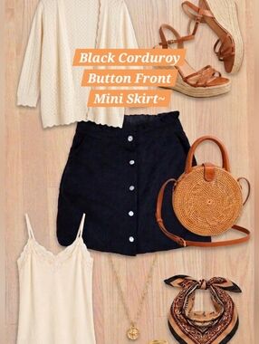 Black Corduroy Button Front Mini Skirt Symmetrical Ruffle Waist Size Medium